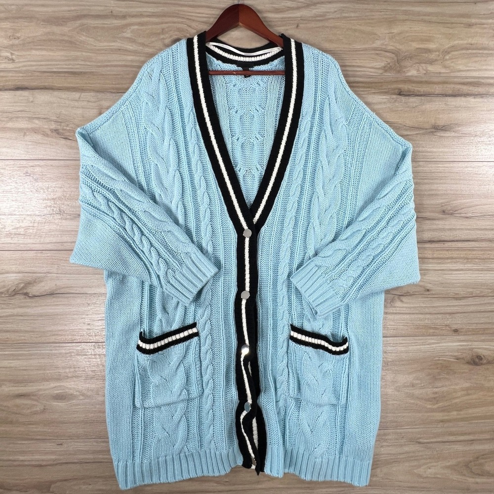 Torrid Womens Blue Cable Knit Varsity Trim Snap Front Cardigan Sweater Size 5